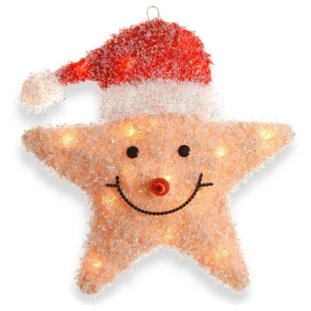 National Tree 18" Smiling Yellow Star with Red Hat and 20 Clear Lights, Indoor/Outdoor