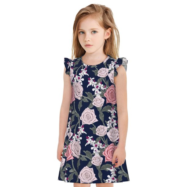 Fotbe Rose Flowers Vestido de Dormir para Niñas de 3 a 10 Años, Mangas Cortas, Estilo Princesa, Pijama Camisón con Mangas Voladas-Large