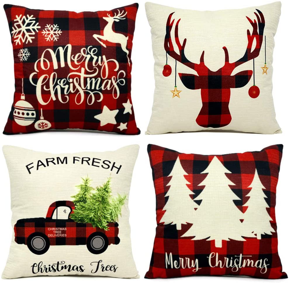 18x18" Christmas Xmas Pillow Throw Merry Cushion Deer Red Plaid Cover Case Gift 