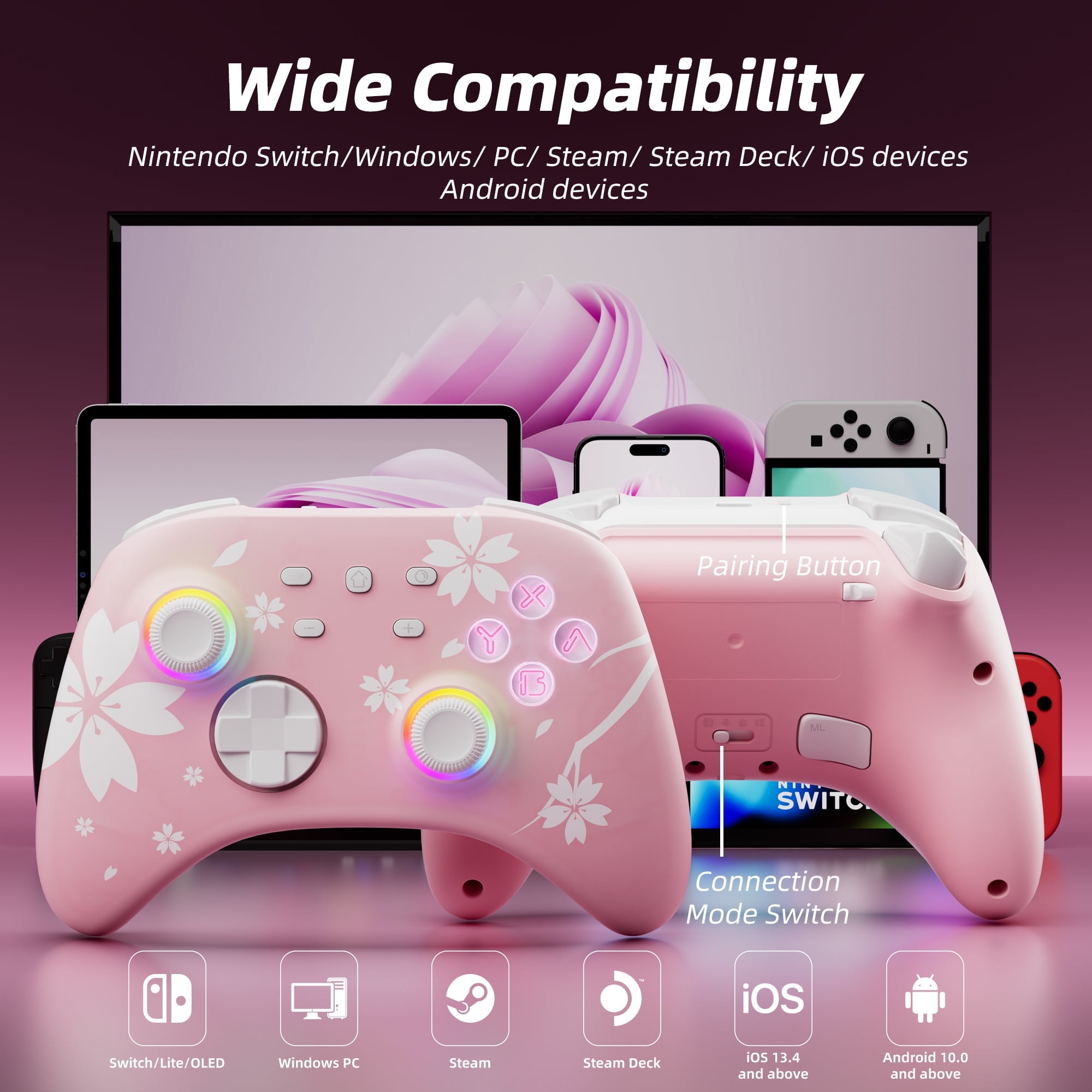Wireless Game Controller Pink with Hall Effect Joysticks Triggers(No Drift), Bluetooth Gamepad for Nintendo Switch, Windows PC iOS Android Steam with Headphones Jack/Programmable/Turbo/Wakeup
