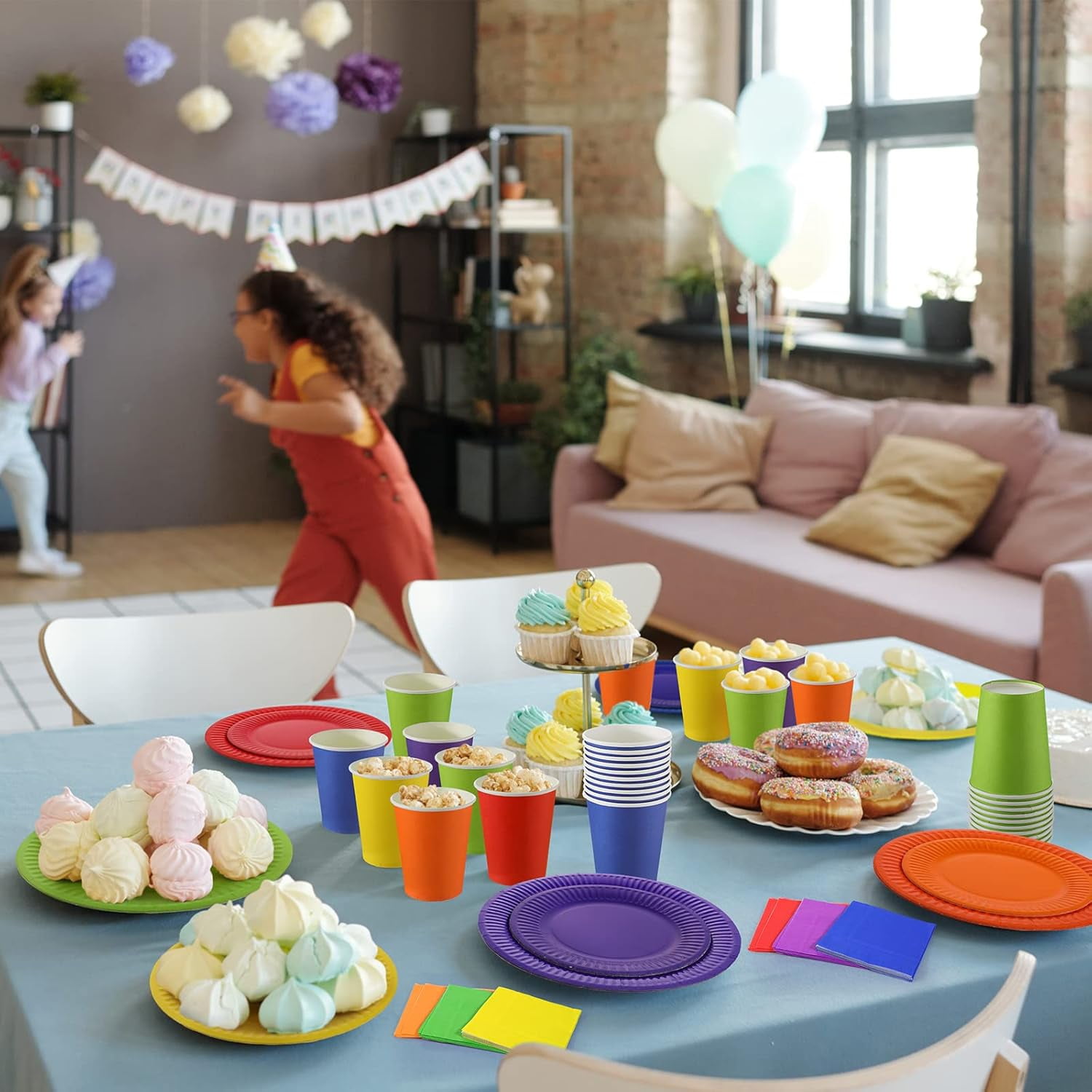 240 Pieces Rainbow Party Tableware 60 Set Colorful Paper Plates and Napkins 9oz Paper Cups Complete Pack Disposable Dinnerware Set for Neon Rainbow Birthday Party Decorations Supplies