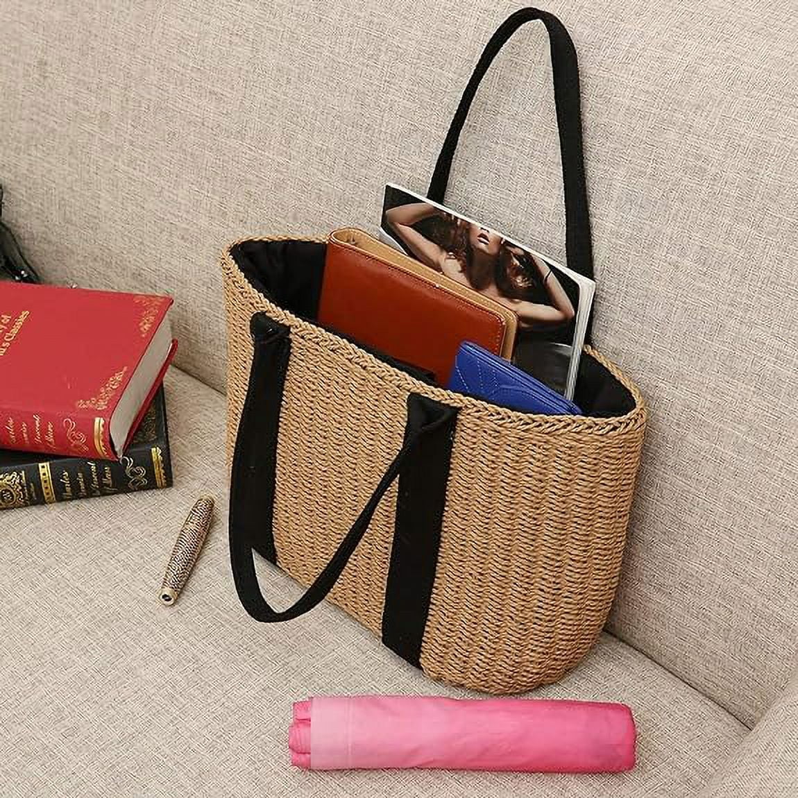 NAMZI Womens Straw Tote Bag Handbag Large Woven Capacity Top Handle Bag Summer Stylish Straw Basket Bag(Beige)