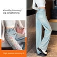 thumbnail image 3 of Women Light Wash Cotton Jeans, Floral Embroidered High Waist Straight Wide Leg Pants for Summer, 3 of 6
