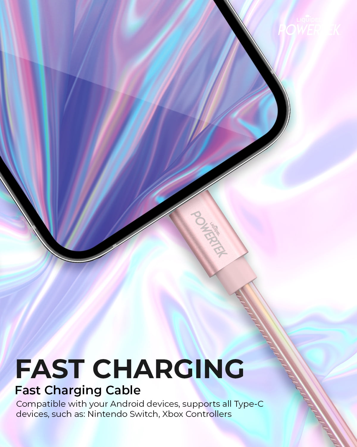 Liquipel Powertek Metallic Shine USB Type C Charger Cable, 6ft Fast Charging USB C Cord, Adapter for Car, Galaxy, Android, Note, MacBook, Nintendo, PlayStation, Chromebook, Pixel - Light Pink