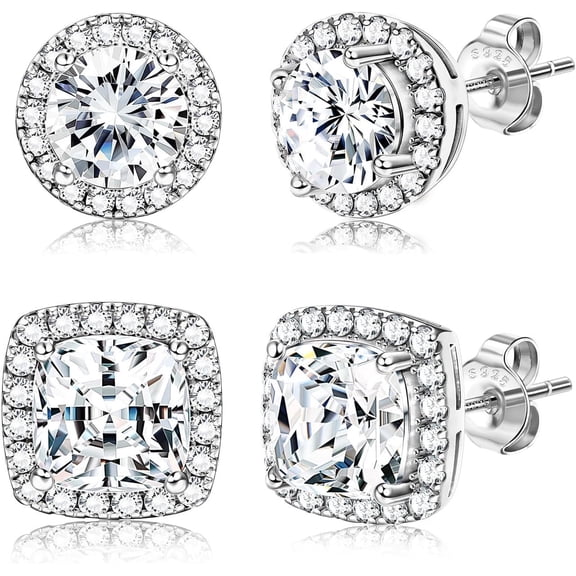 Silver Halo Stud Earrings Silver Cubic Zirconia Stud Earrings Round Square Diamonique Stud Earrings Set for Women Men