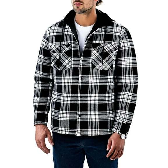 Dagegui Men's Fleece Lined Shirt Hoodies Plaid Long Sleeve Hooded Jackets Casual Button Down Work Tops Coats with Chest Pockets White S