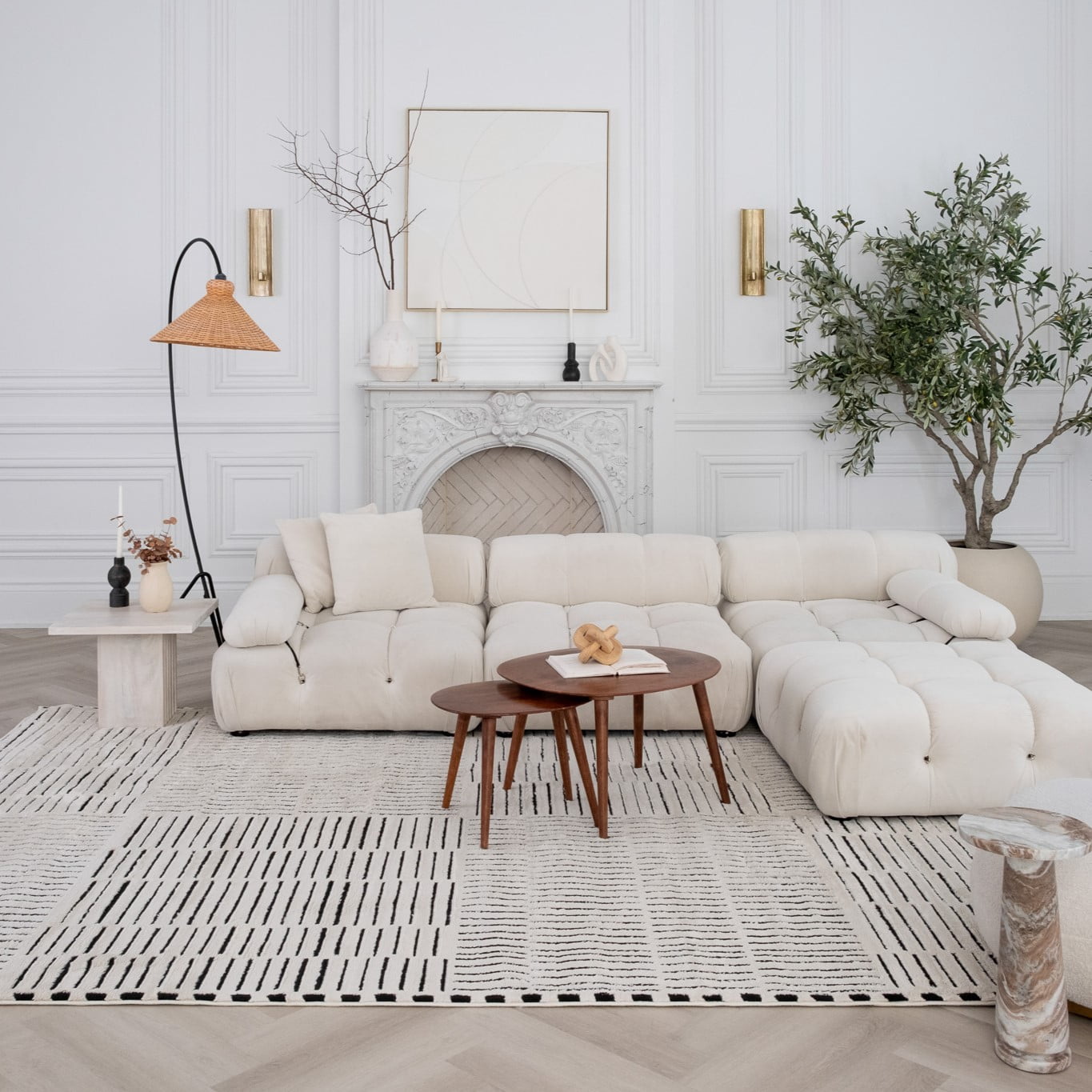 Tapis d'interieur abstrait Rug Branch Domus, creme noir, moderne - Salon, chambre, salle a manger et cuisine