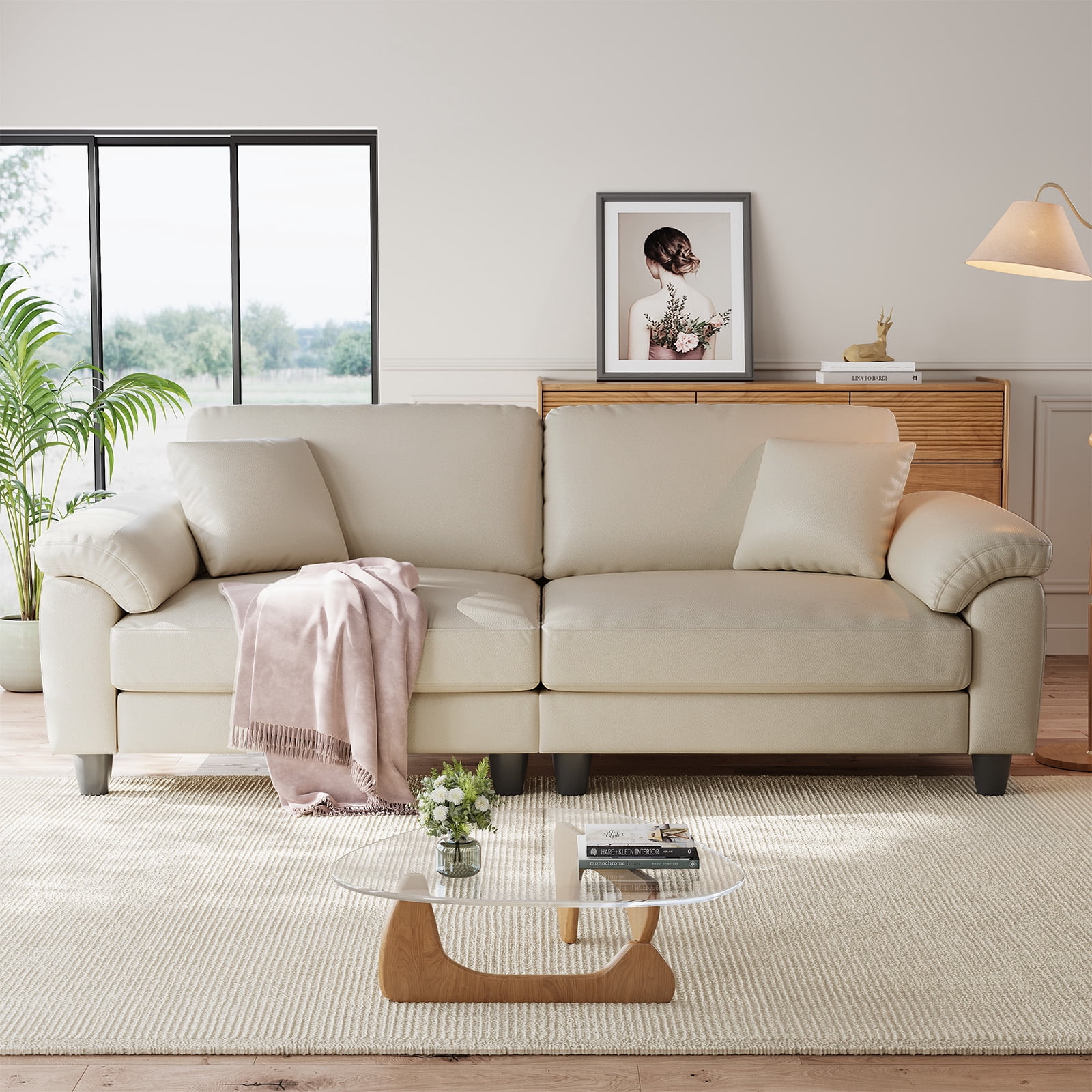 83" Couch Premium PU Leather Sofa, Comfy Extra Deep Seat 3 Seater Couch for Living Room, Oversized Loveseat with 2 Pillows, Beige