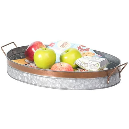 

3.5 x 19.25 x 12.25 in. Galvanized Metal Oval Rustic Serving Tray with Handles Gray
