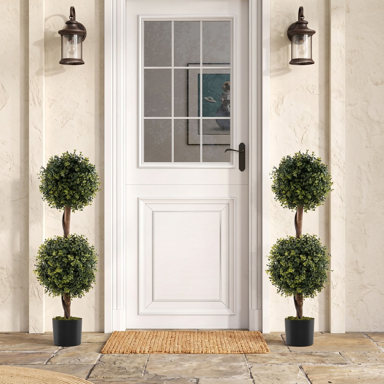 ALPULON Set of 2 Artificial Double Topiary Ball Trees, 35.5 Inch Faux Boxwood Plants with Cement-Filled Pots for Indoor Outdoor Home Office Front Porch Decor, Green