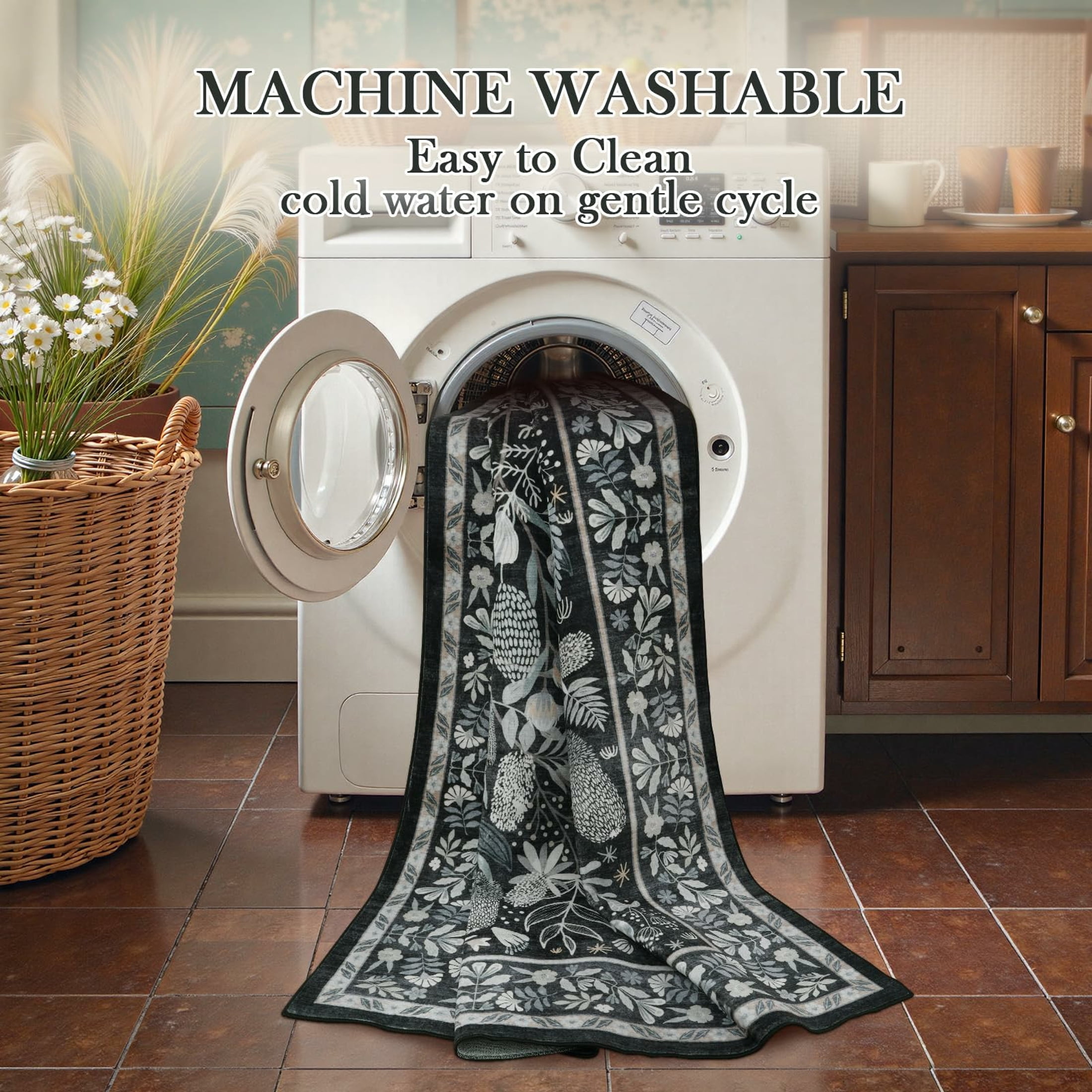 Moynesa 5'x7' Washable Rugs for Living Room, Black Botanical Floral Large Rugs for Bedroom Non-Slip Soft Modern Natural Rugs for Dining Room, Stain Resistant Accent Carpet for Dorm Apartment