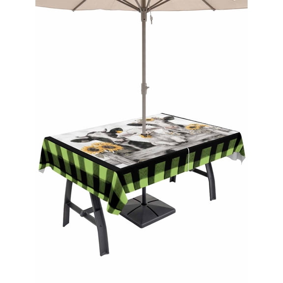 Outdoor Tablecloth with Umbrella Hole for Patio/Picnic/Party/Camping, Farmhouse Cow Sheep Waterproof Table Cloth Rectangle Table Cover Washable, Farm Animal Green Buffalo Plaid (60"x 102")