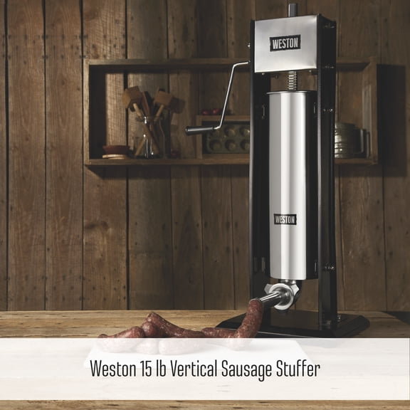 Weston Dual Speed Vertical Sausage Stuffer with 4 Funnel, 15 lbs Capacity, Silver