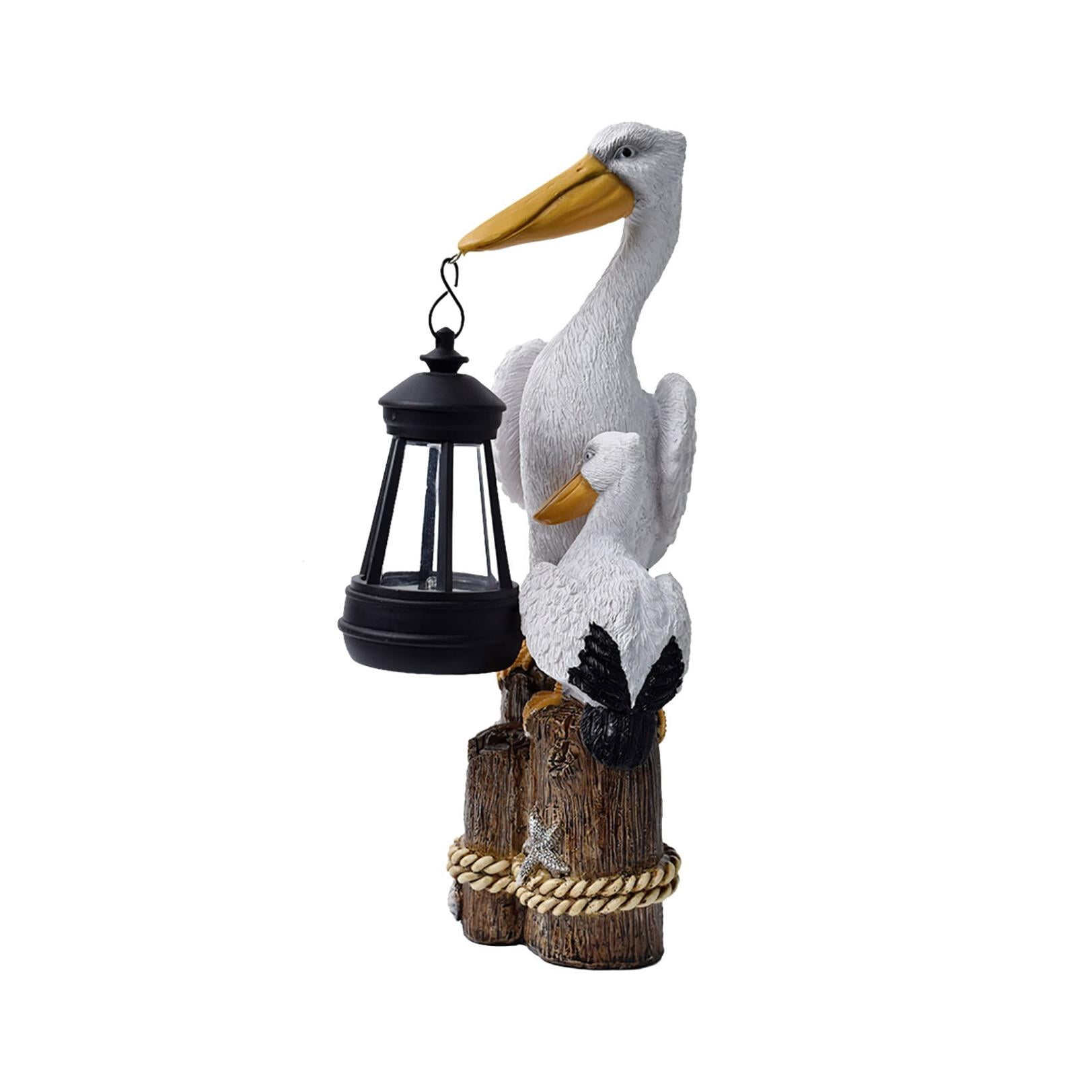 Solar LED Lantern Pelican Statue Resin Seabird Figurine on Tree Stump Mediterranean Style Sculpture for Porch Patio Yard Balcony Decor(C)