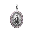 thumbnail image 2 of Sterling Silver Miraculous Medal with 32 Pink CZ Stones – Virgin Mary Oval Pendant Necklace on 18" Rhodium-Plated Chain – Made in USA – Deluxe Velvet Gift Box, 2 of 4