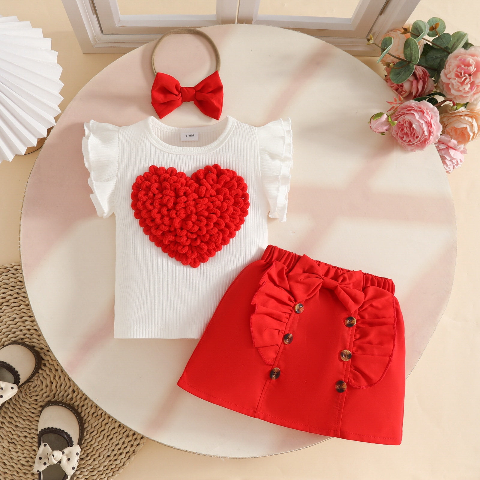 Faraee Toddler Baby Girl Skirts Outfit Infant Summer Clothes Ruffle Sleeveless Knit Vest Top A-Line Skirt Set with Headband (9-12M,Red)