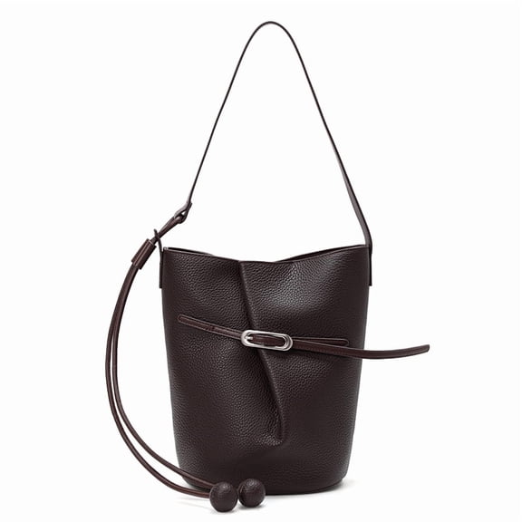 Genuine Leather Bucket Bag, Women's Grainy Drawstring Shoulder Crossbody Handbag Purse