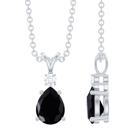 Rosec Jewels Real Black Onyx Teardrop Pendant Necklace - 6X8 mm - 1 Ct - Black Onyx Diamond Necklace - with Chain - Ready to Gift, 925 Sterling Silver