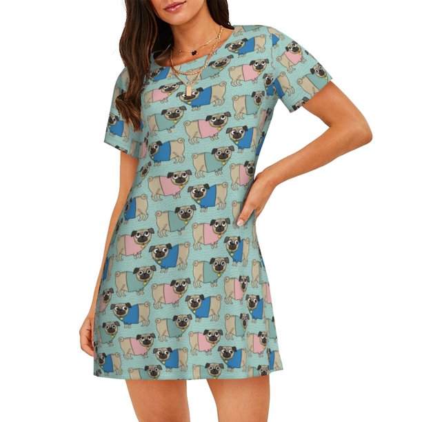 Balery Colorful Pugs Camisón de manga corta con cuello redondo para mujer, cómodo y elegante.
