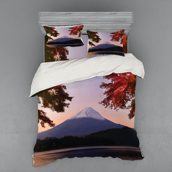 Ambesonne Mountain Bedding Set 4 Pcs, Japanese Autumn Scenery, Queen, Multicolor