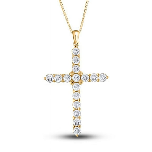 1.50 T.C.W Round Shape Genuine Diamond Accents Stunning Cross Pendant Necklace for Women Solid 14K Yellow Gold With 18 inches chain