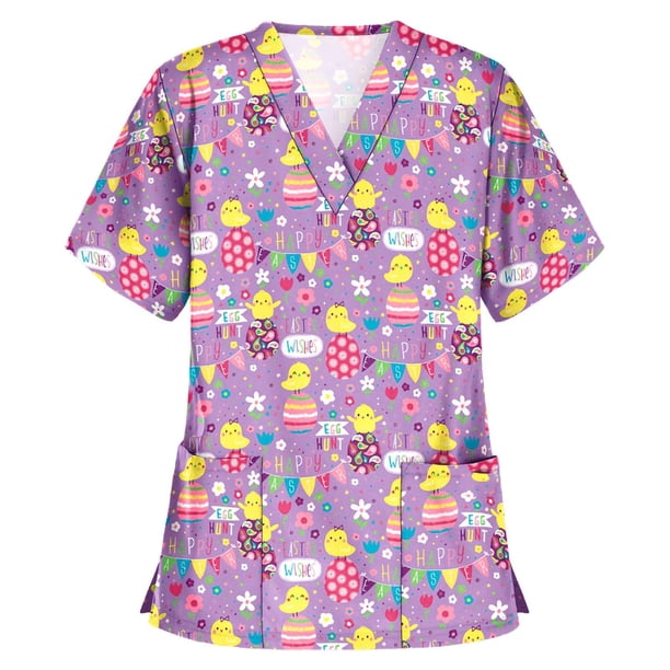 Pntutb Blusa de manga corta con cuello en V para mujer Uniforme de trabajo Blusa con estampado de dibujos animados Pntutb Pntutb-2702