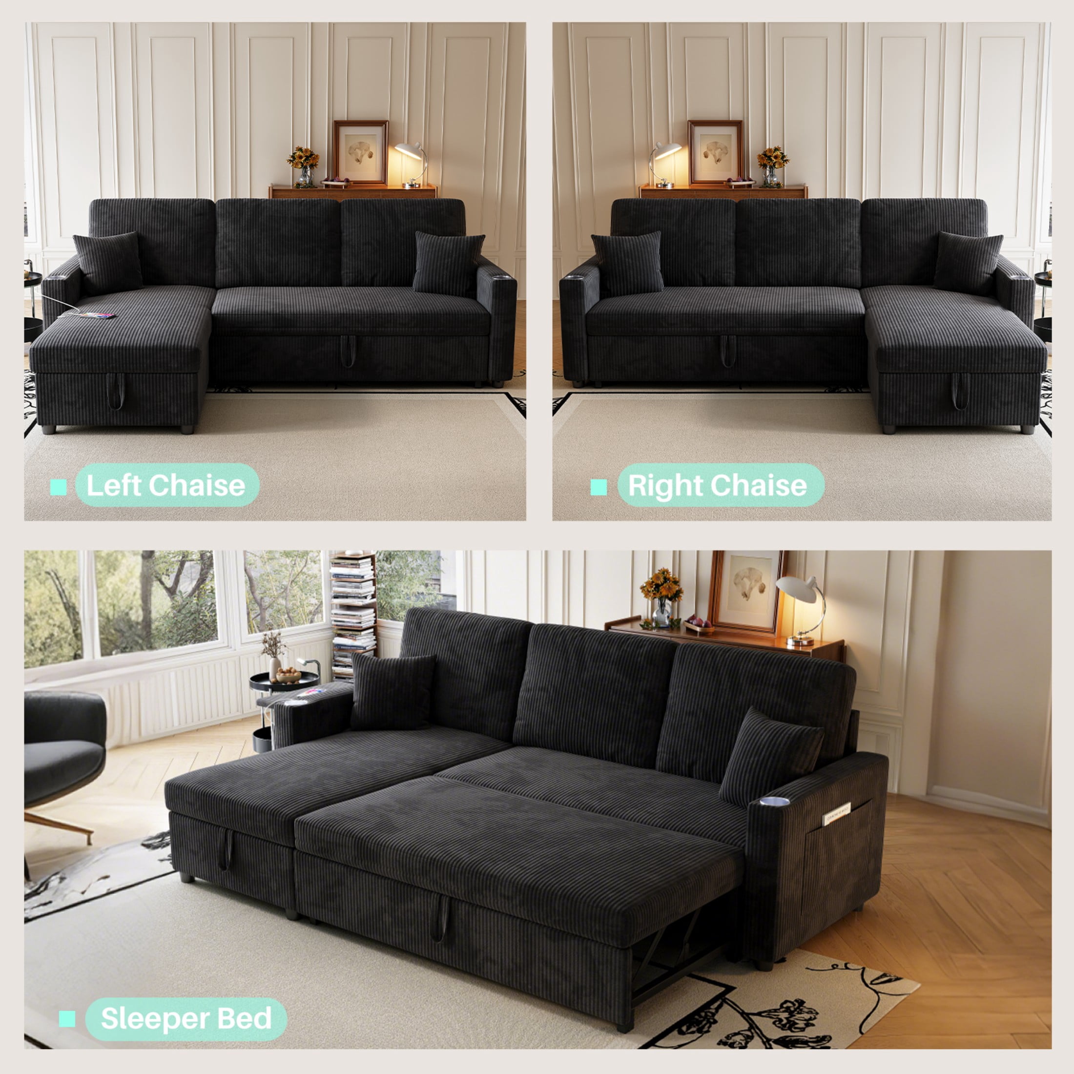 Sleeper Sectional Sofa, 83" Convertible Sofa Bed with Pull Out Couches, Small Desktop, L Shaped Couch with Reversible Chaise, Cup Holders, USB, Modern Corduroy Sofas for Living Room Apartment, Black
