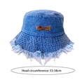 thumbnail image 5 of Joernso Women Bucket Hat Ripped Edge Flat Top Distressed Denim Large Brim Solid Color Tag Decor Lightweight Anti UV Sun Fisherman Cap for Hiking Outings Traveling, 5 of 8