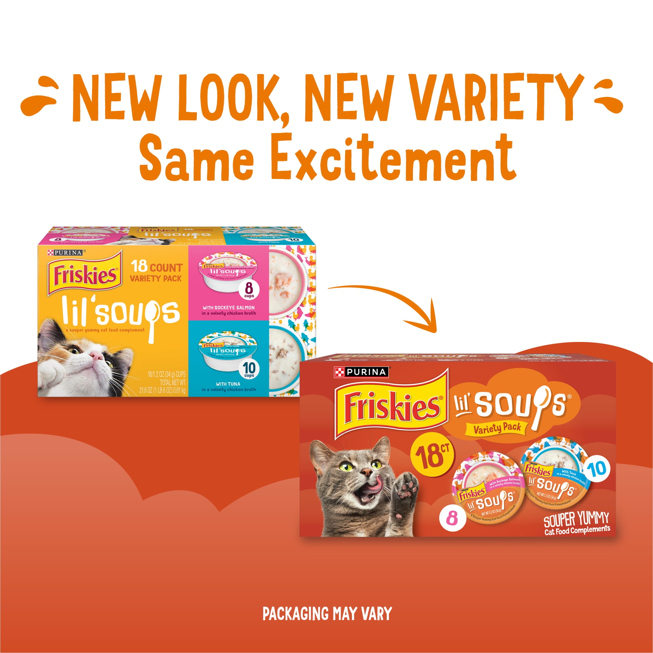 Purina Friskies Lil' Soups Salmon and Tuna for Cats Variety Pack, 1.2 oz Cups (18 Count)