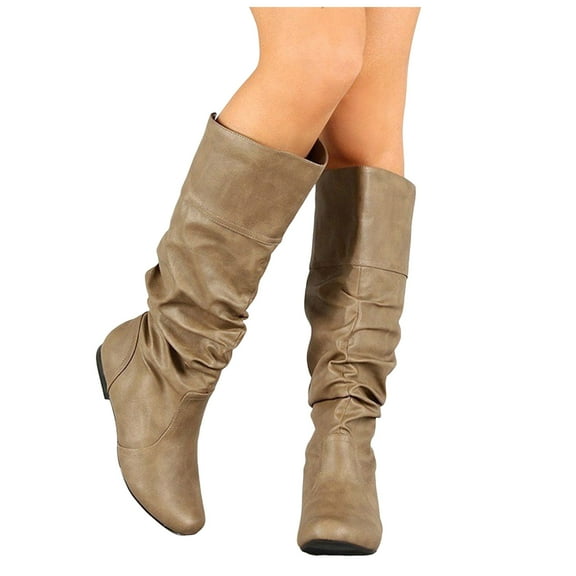 Chenyee Women's Slouchy Knee High Boots Pull On Flat Wide Calf Soft Faux Leather Combat Dress Booties