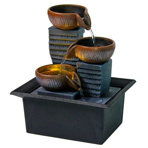 DAMAI 3-Tier Tabletop Water Fountain with LED Lights, Small Indoor Waterfall Feature with Layered Textured Bowls & River Stones, Calming Trickle Sound Zen Decor for Home Office Meditation