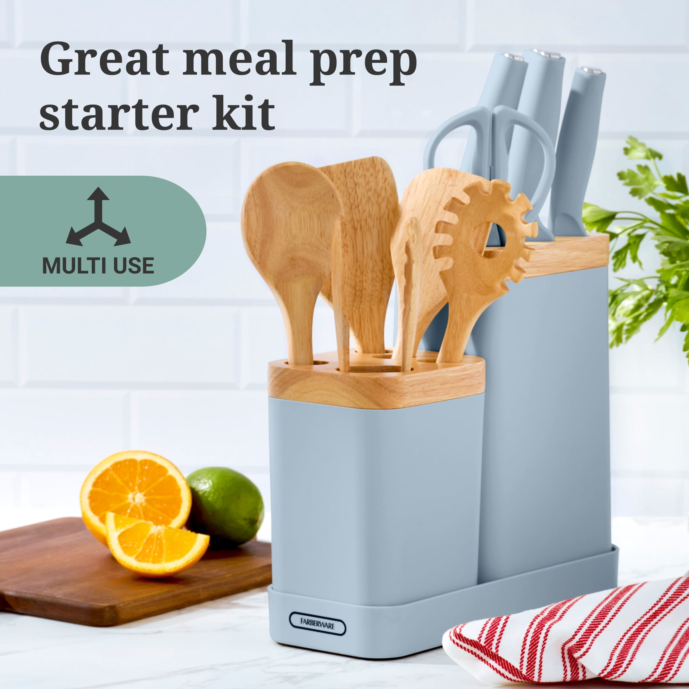 Farberware Professional Wood Kitchen Utensil and Knife Set with Counter Storage Slate, 13-Piece