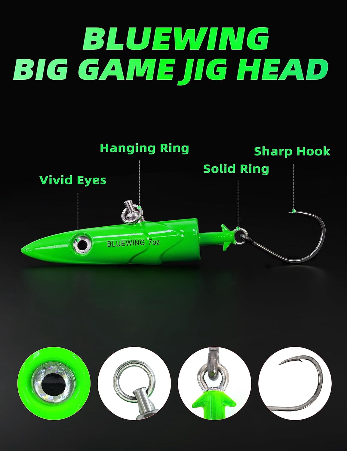 BLUEWING Big Game Jig Head with High Strength Stainless Steel Ball Bearing Swivel and High Carbon Steel Hook 1pc Saltwater Fishing Lures Lead Head Fishing Jig, Green 4oz
