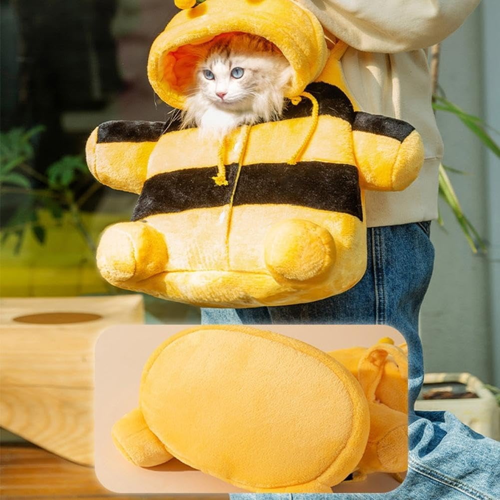 Cat Puppy Plush Outing Backpack, Soft Winter Warm Pet Carrier with Adjustable Crossbody Strap, Foldable Travel Backpack in Bee and Bear Style for Small Dogs and Cats