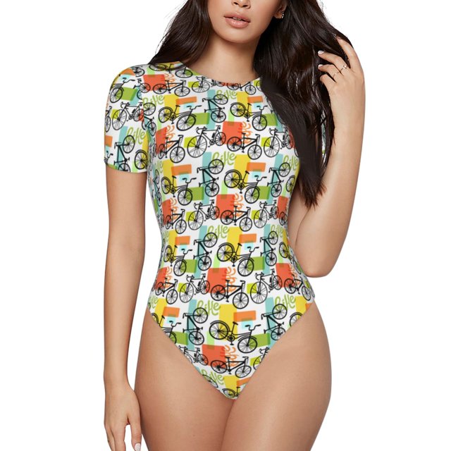 Fotbe Retro Bike Body de Mujer con Cuello Redondo y Mangas Cortas, Sin Mangas Ajustado, Suave, Cómodo y Básico-Large