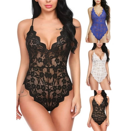 Spencer Sexy Lingerie for Women See Through Lace Babydoll Deep V One Piece Bodysuit Teddy Underwear