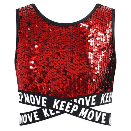 YONGHS Kids Girls Sequin Modern Street Hip Hop Jazz Dance Crop Top Vest Shirt Sports Bra Performance Costume Red 10