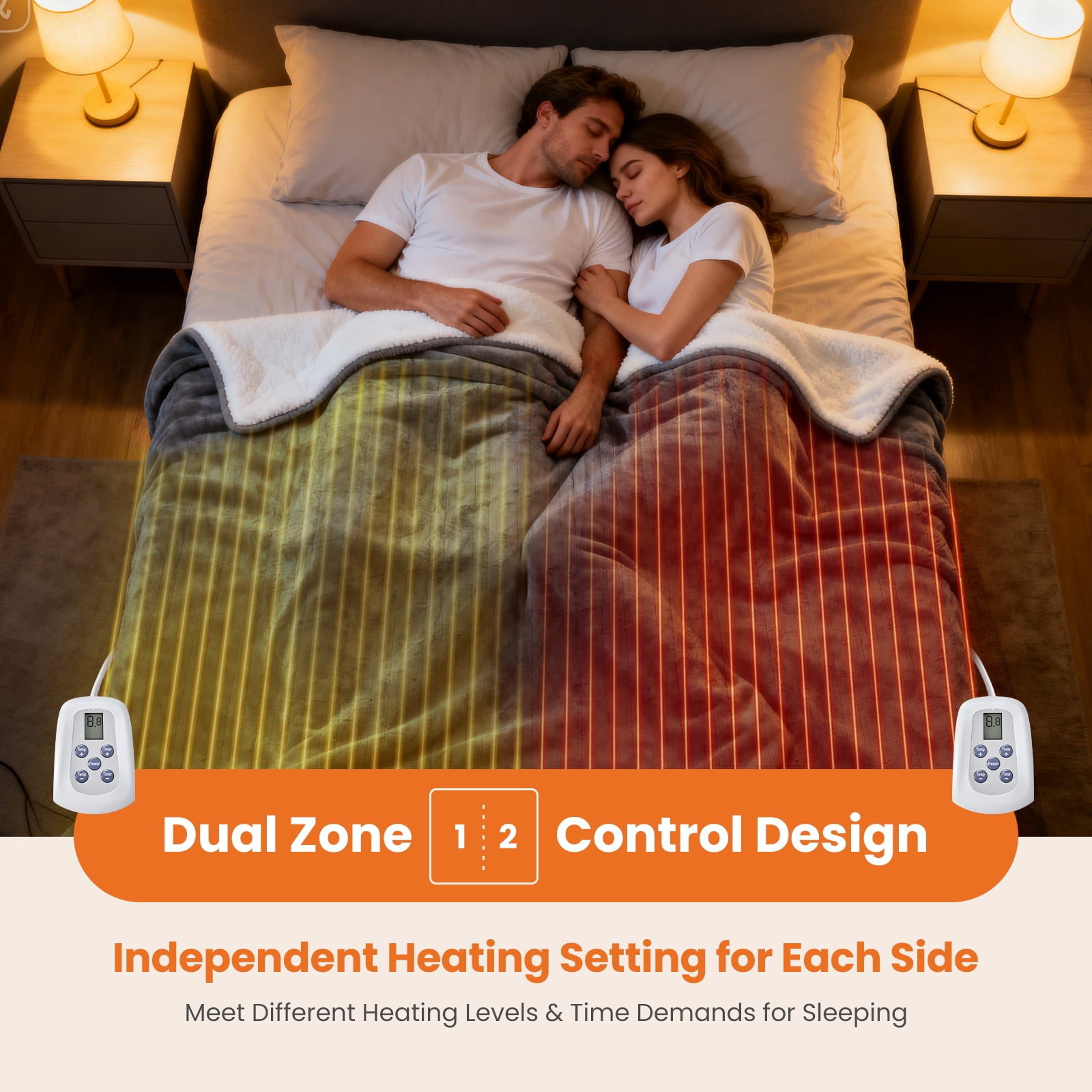 MCQ Twin Size Electric Heated Blanket 84"x62" with Dual Zone Independent Control, Washable Flannel & Sherpa Fabric, 10 Heat Levels, Auto Shut-Off