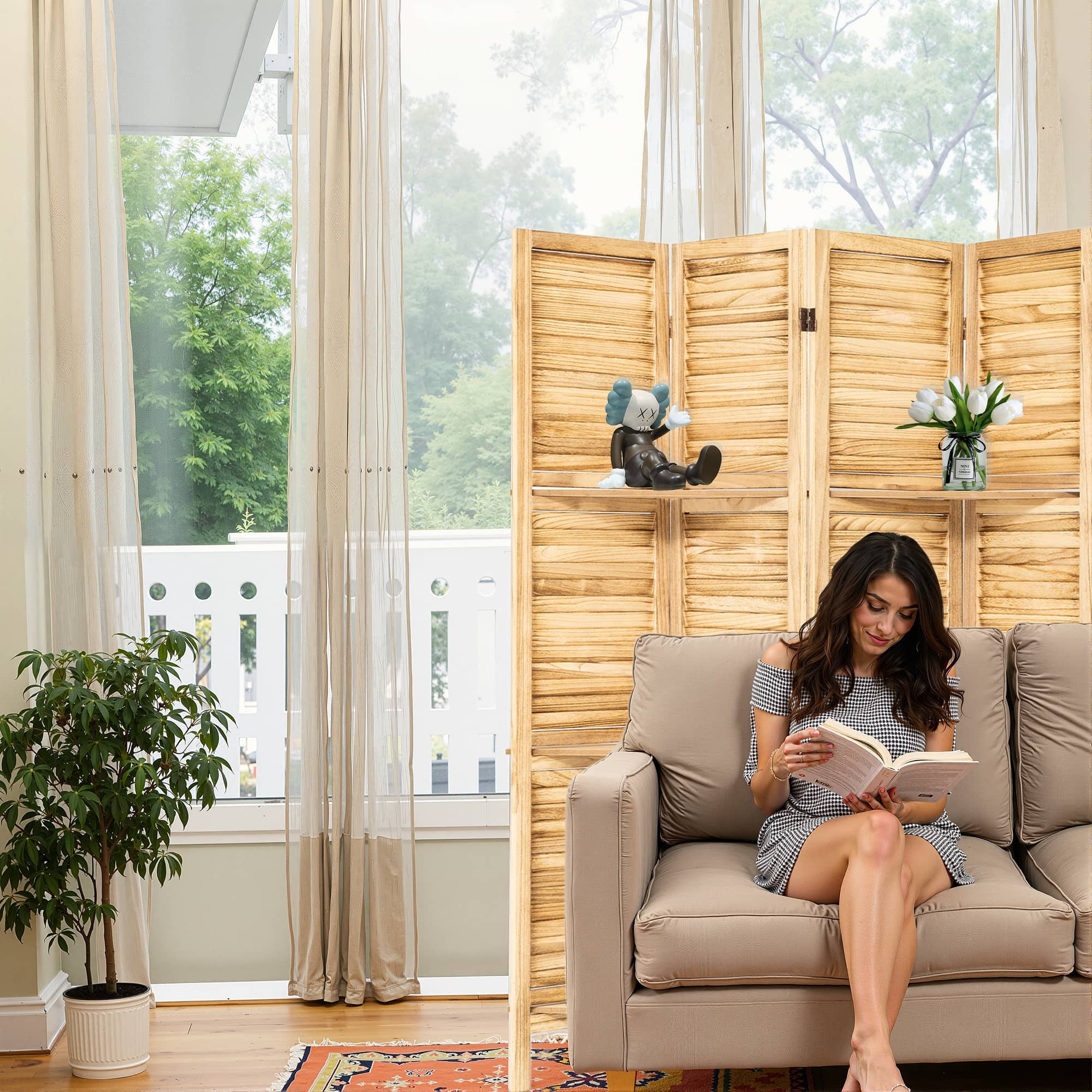 MAYEERTY 4 Panel Freestanding Wood Room Divider with Display Shelves, Natural Color