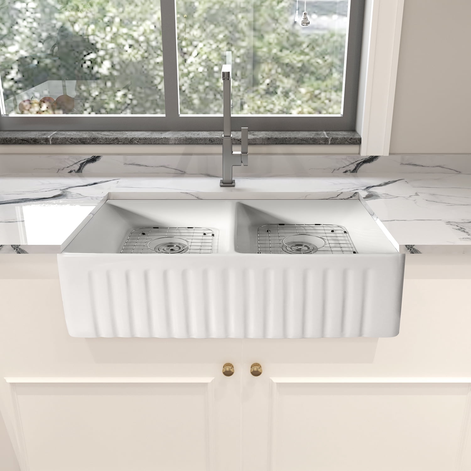 37 in. Farmhouse Kitchen Sinks Double Bowl Apron Undermount Vessel 33"x18"x10" Sink White