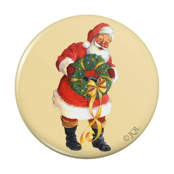 Christmas Holiday Santa Holding Wreath Pinback Button Pin