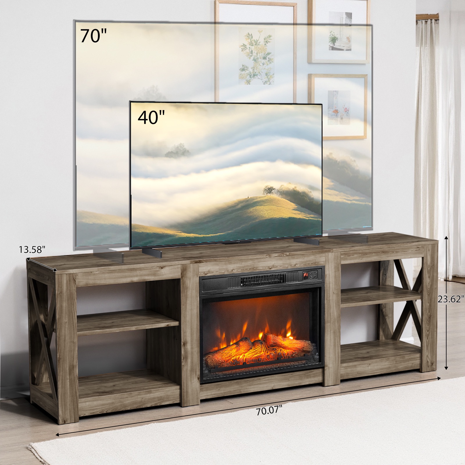 PAPROOS Fireplace TV Stand for 70 Inch TV, Farmhouse TV Stand with 24'' Electric Fireplace, Entertainment Center with Adjustable Shelves, TV Console Table Media Console for Living Room, Vintage Gray