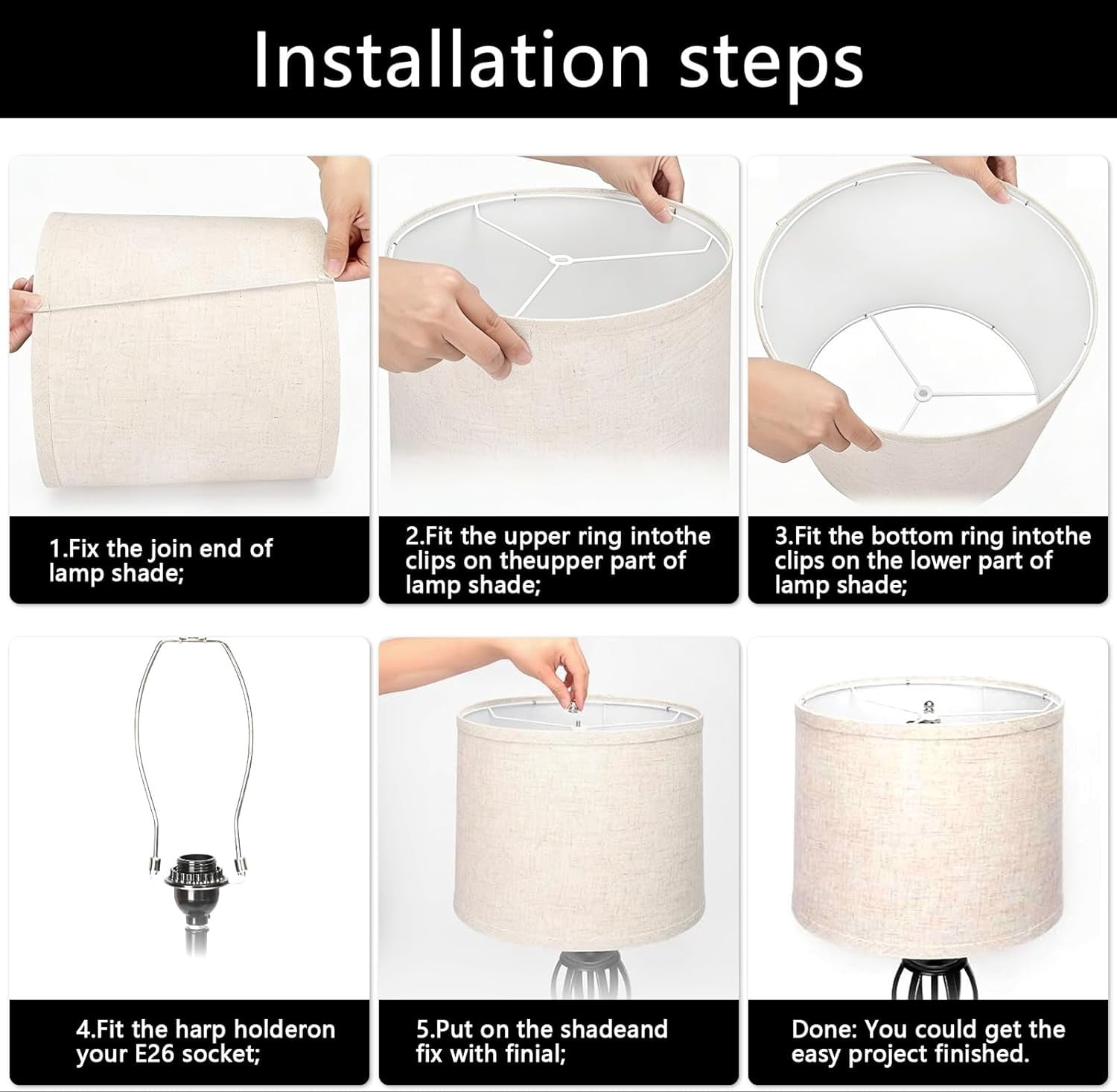 drum lamp shades Set of 2 for table lamps – 11.6" Top x 12.6" Bottom x 9.8" High,  Medium Beige Lampshades for floor lamps (Spider Fitter), Natural Linen Handcrafted with Easy Assembly