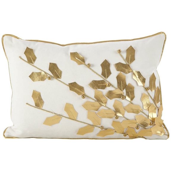 Fennco Styles Metallic Poinsettia Branch Christmas Holiday Cotton Poly Filled Decorative Throw Pillow-12"x18" (Gold)