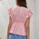 thumbnail image 5 of Estrela Blusa de manga con volantes Cuello en V Estampado Casual Elegante Mujer con estilo Top de manga corta para el trabajo Citas Viajes Rojo XL, 5 of 7