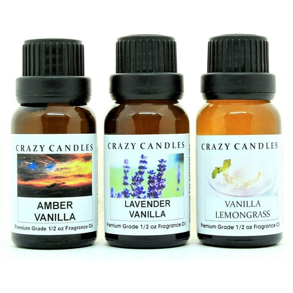 3 Bottles Set, 1 Amber Vanilla, 1 Lavender Vanilla, 1 Vanilla Lemongrass 1/2 Fl Oz Each (15ml) Premium Grade Scented Fragrance Oils by Crazy Candles