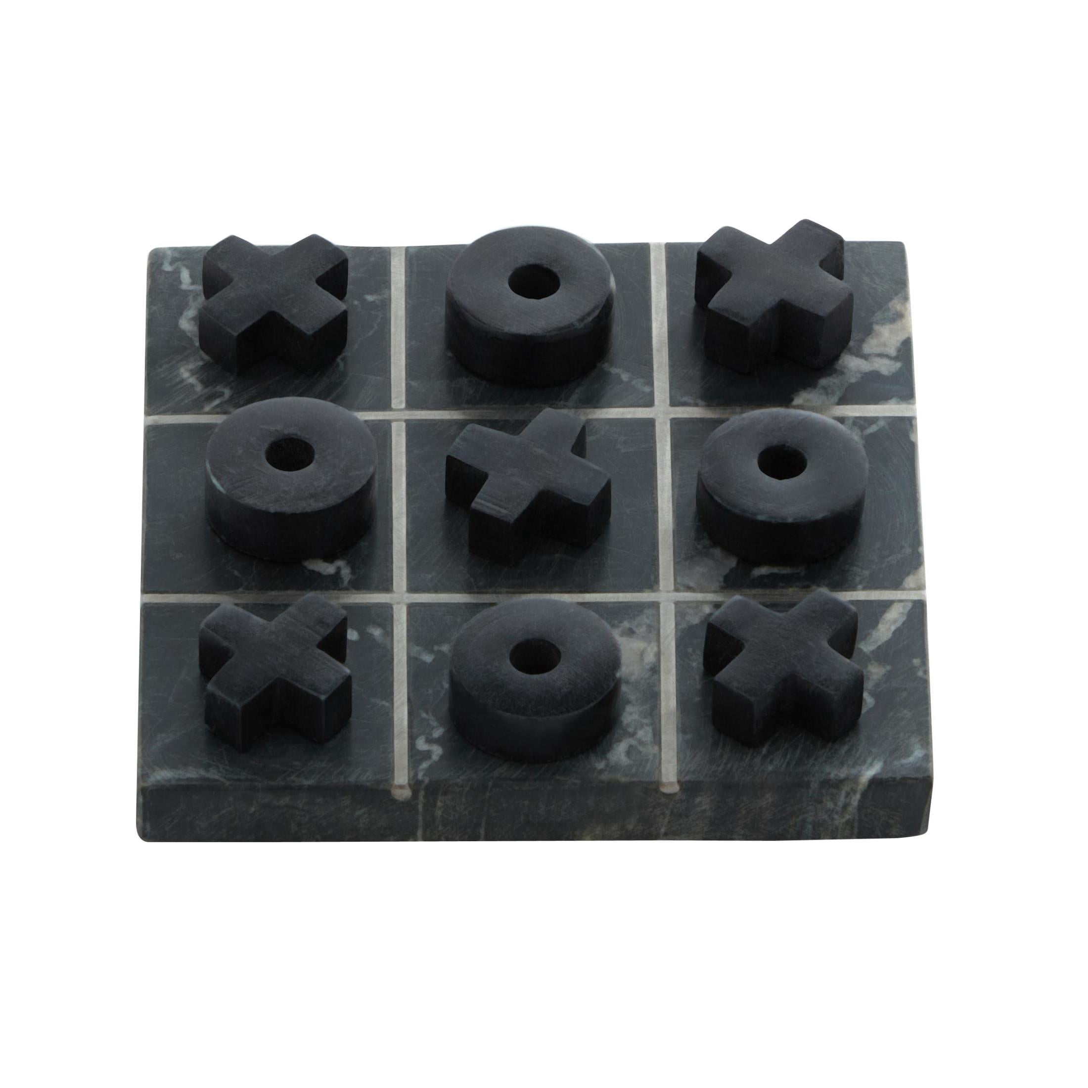 DecMode 6" x 1" Black Marble Tic Tac Toe Game Set with Silver Metal Accents, 1-Piece