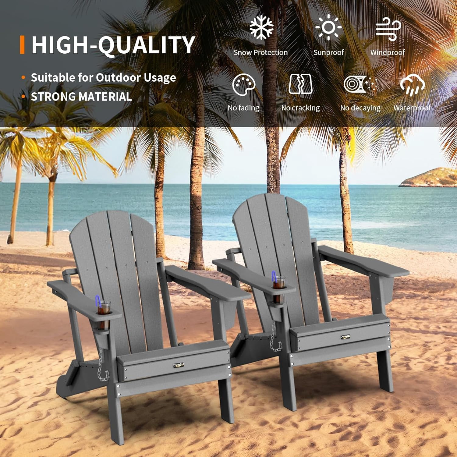 WBTER Plastic Adirondack Chairs, Folding with Cup Holder, Waterproof HDPE Material, Comfortable 380lb Weight Capacity for Outdoor Pool Patio Lounge Chair Lawn Furniture Firepit (Gray)
