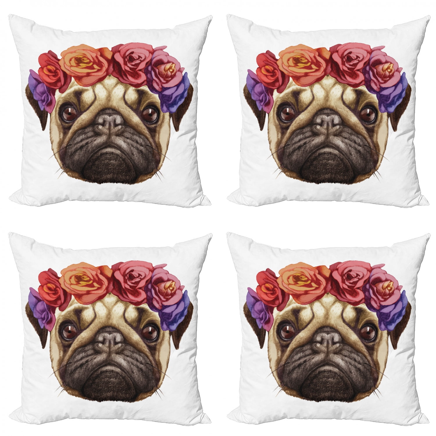 Pug Throw Pillow Cushion Case Pack of 4, Floral Head Wreath on Head of