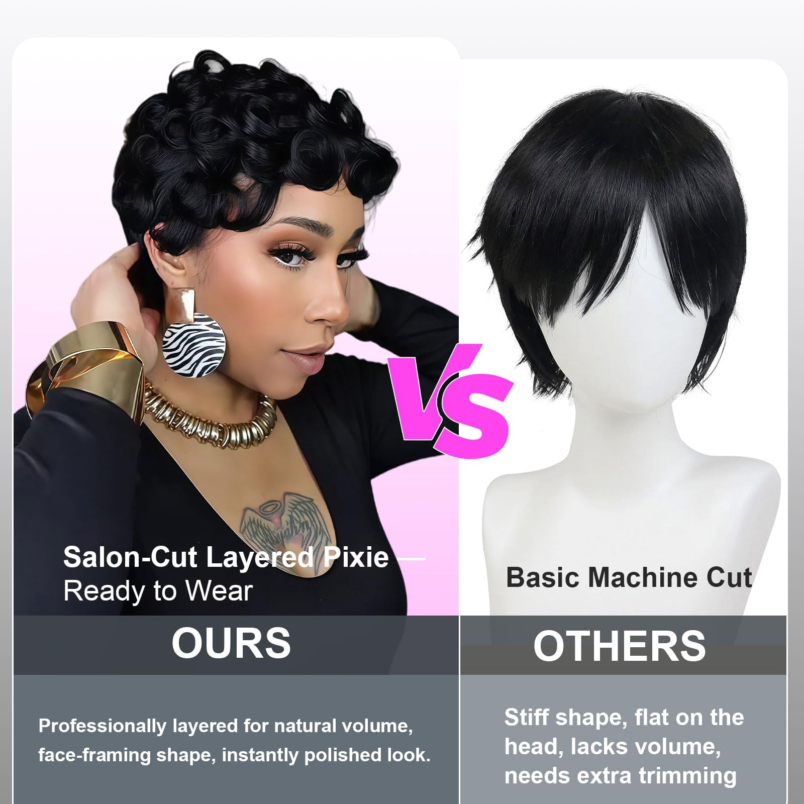Natural Black Layered Pixie Wig Human Hair for Black Women Short Human Hair Lightweight Glueless Pixie Cut Wigs